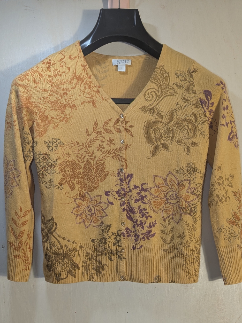 Christopher & Banks Floral Cardigan Sweater V-Neck Knit Yellow Size L